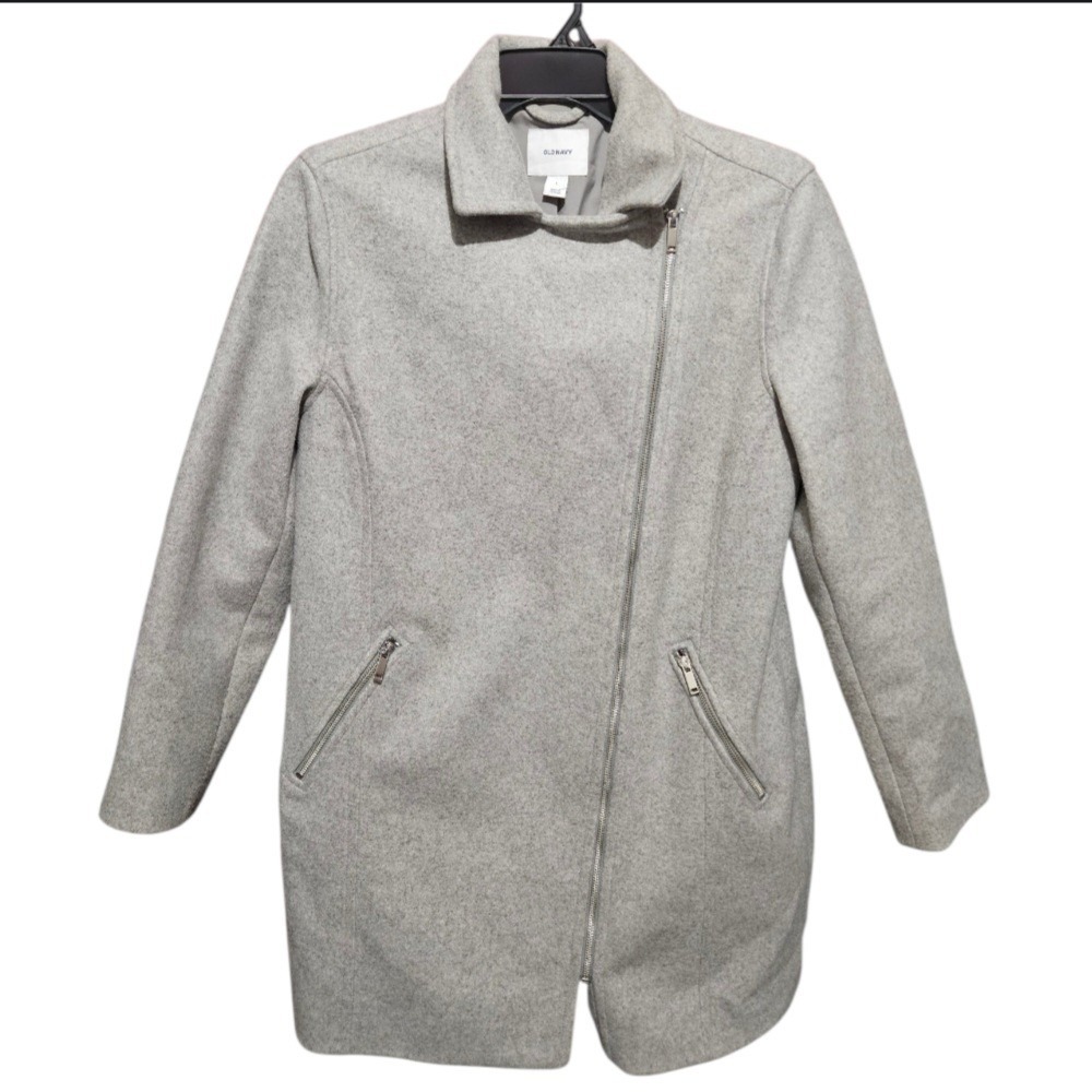 Old Navy Womens Gray Wool Blend Asymmetrical Zip Moto Coat Jacket Large Heather - Picture 2 of 8